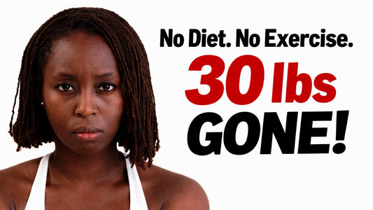 Vivienne Lamb looking directly at camera with a serious expression, text overlay showing weight loss results without dieting or exercise.