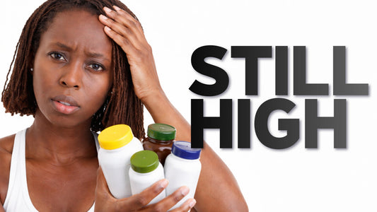 Vivienne Lamb holding supplement bottles with a frustrated expression, text overlay referencing high cortisol despite taking supplements.