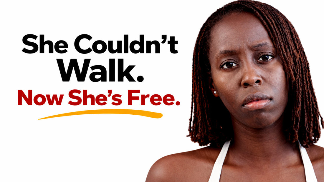 Vivienne Lamb looking directly at camera with a determined expression, text overlay referencing a client who regained her mobility and independence.