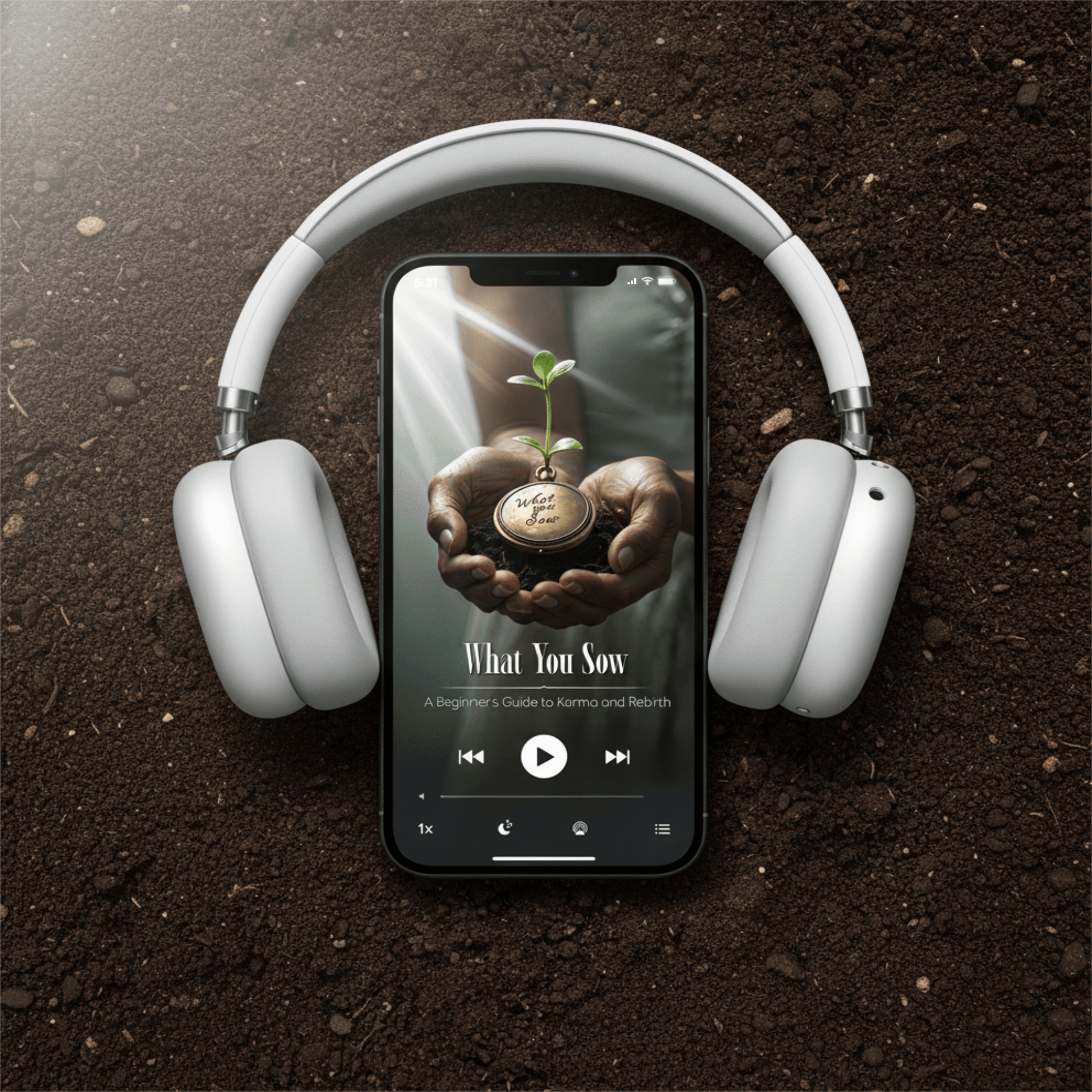 An audiobook titled what you sow: a
beginner's guide to karma and rebirth by
vivienne lamb on an iphone with
headphones spirituality karma
reincarnation metasecience metaphysics