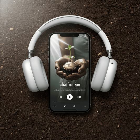 An audiobook titled what you sow: a
beginner's guide to karma and rebirth by
vivienne lamb on an iphone with
headphones spirituality karma
reincarnation metasecience metaphysics