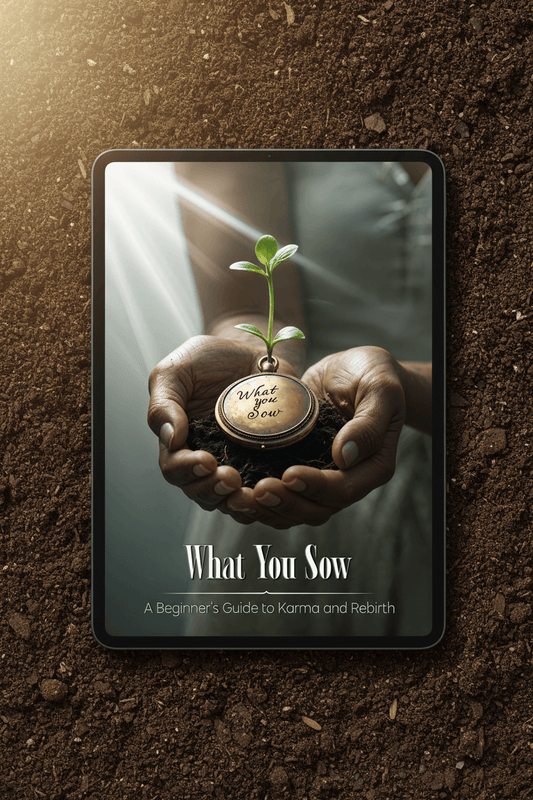 Book cover of 'What You Sow' with hands
holding a seedling and compass on soil
background beginner guide to karma and
reincarnation spirituality metascience
karma cause and effect