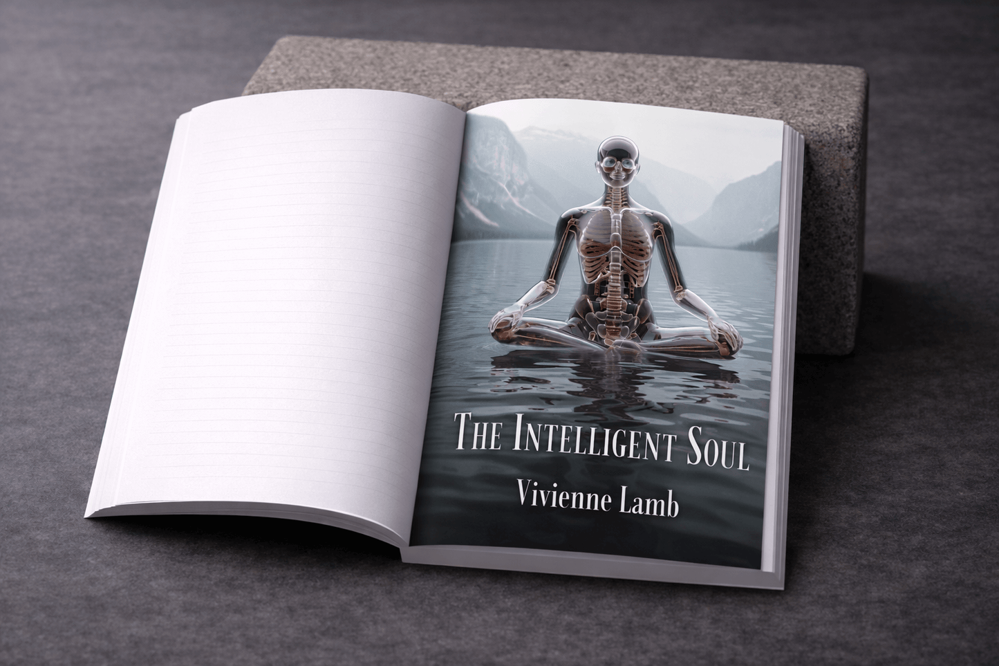 Open book with a cover featuring a skeleton in meditation pose over water, titled 'The Intelligent Soul' by Vivienne Lamb.