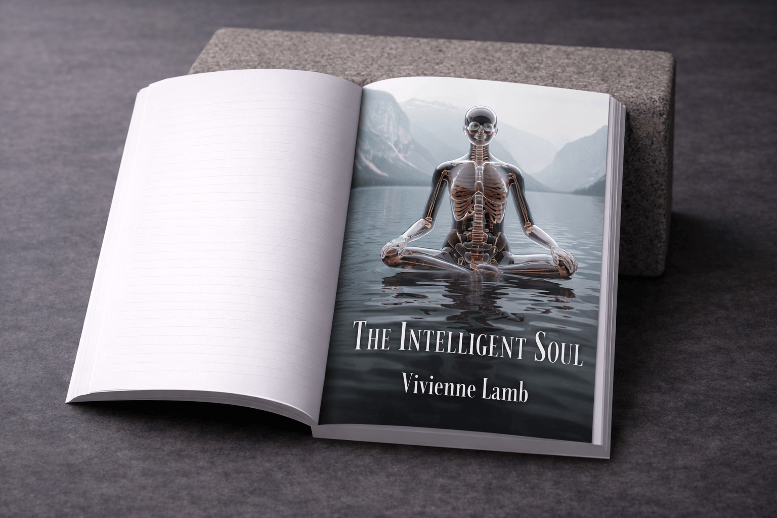 Open book with a cover featuring a skeleton in meditation pose over water, titled 'The Intelligent Soul' by Vivienne Lamb.